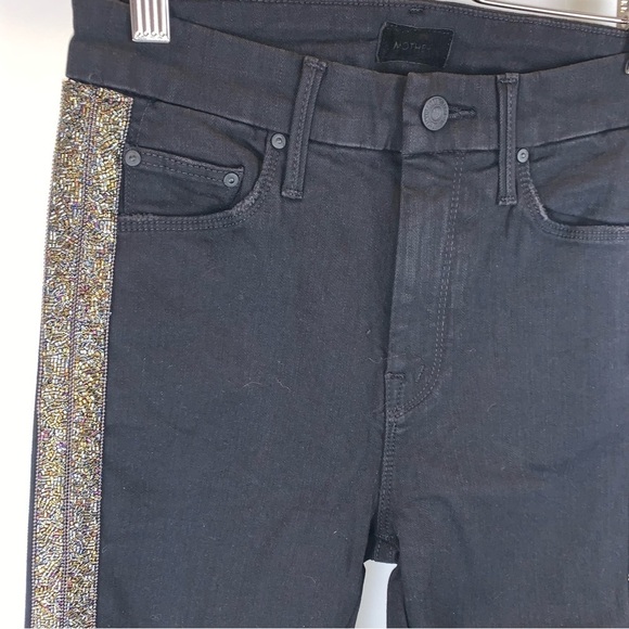 MOTHER NWT High Waist Looker Ankle  Fray Guilty Flash Beaded Stripe Black Jeans - Picture 3 of 14
